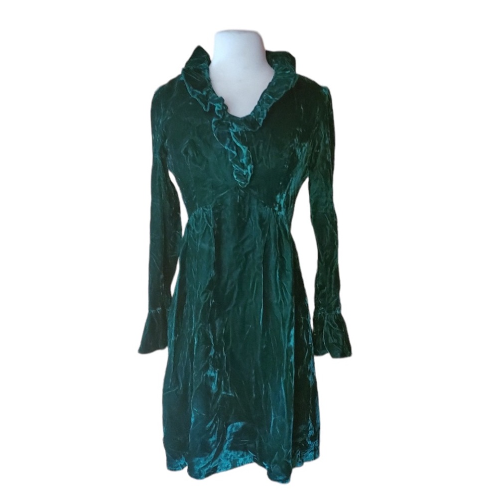 1960s Lorrie Deb Green Velvet, Lace Bell Sleeves M